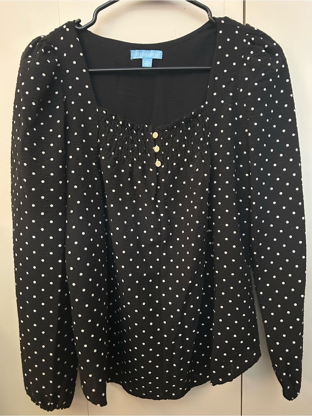 Draper James Black Polka Dot Smocked Peasant Blouse